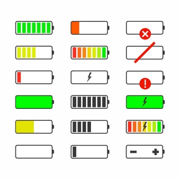 18款各种状态的电池电量显示图标png图片免抠eps矢量素材