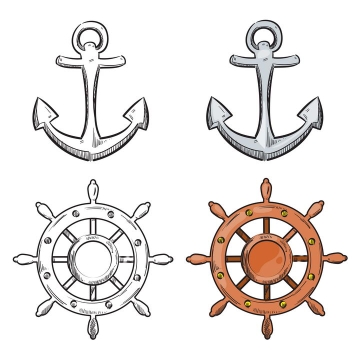 两款不同手绘风格的船舶用品船锚和船舵图片免抠素材