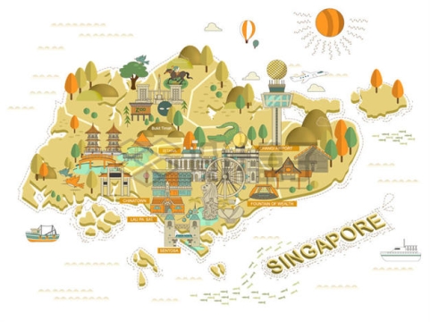 卡通手绘风格新加坡旅游地图推荐景点8966200矢量图片免抠素材