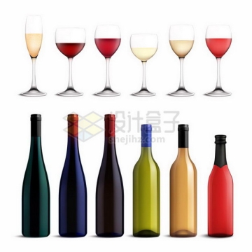 各种颜色的葡萄酒红酒酒瓶和酒杯png图片免抠矢量素材
