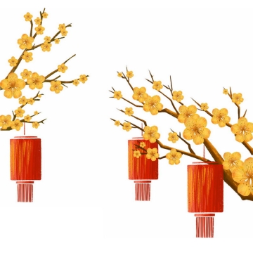 枝头上盛开的黄色梅花和手绘风格红灯笼插画8882092图片免抠素材