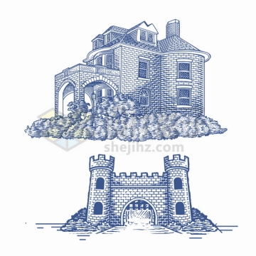 两款砖墙城堡别墅手绘素描插画png图片素材