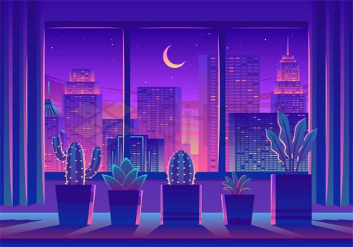 夜晚窗户外面的紫色发光城市渐变色科幻城市插画8714488矢量图片免抠素材