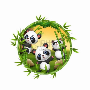 竹子组成的圆形框中的卡通熊猫png图片免抠矢量素材