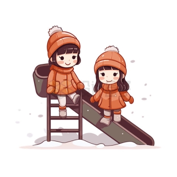 冬天里两个卡通女孩正在玩滑滑梯5607447矢量图片免抠素材