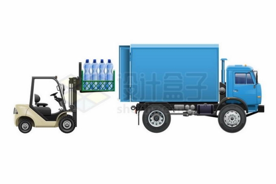 叉车将纯净水矿泉水瓶子装入蓝色小卡车中5661260矢量图片免抠素材