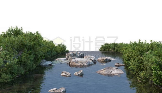 河流中的石块和两岸浓密的灌木丛风景1520023PSD免抠图片素材