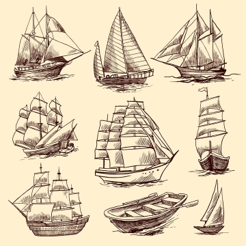 9款复古手绘线条插画插图风格帆船小木船免抠矢量图片素材