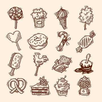 16款复古手绘线条插画插图风格零食糖果冰淇淋蛋糕等美食免抠矢量图片素材