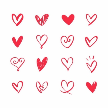 16款红色线条手绘涂鸦风格心形符号红心情人节破裂的爱心png图片免抠eps矢量素材