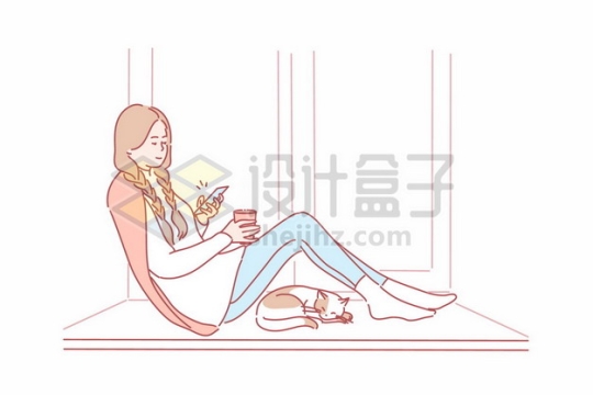 女孩靠在窗台上玩手机和猫咪休闲时光手绘插画454671png矢量图片素材