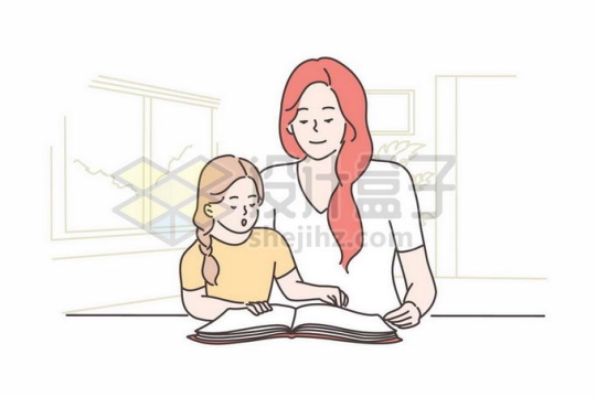 妈妈正在耐心的辅导女儿做作业看书读书手绘线条插画3037803矢量图片免抠素材