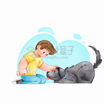 逗狗的男孩和狗狗玩耍宠物彩绘插画png图片素材