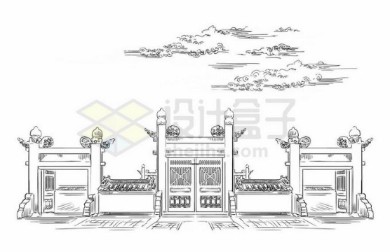 老北京牌坊中国传统建筑铅笔画涂鸦绘画5692967矢量图片免抠素材