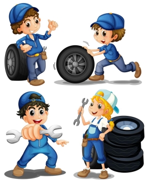 4款正在更换汽车轮胎的卡通汽修工人png图片免抠矢量素材
