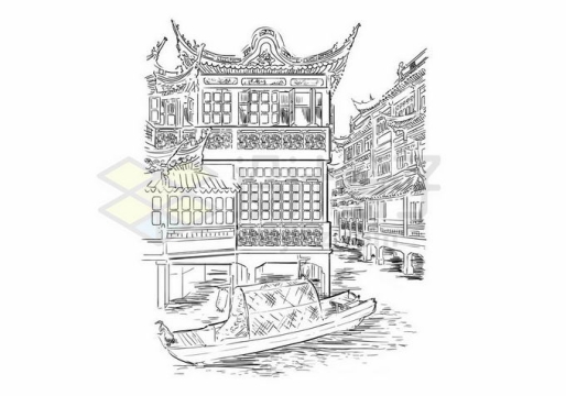 南京秦淮河中国传统建筑铅笔画涂鸦绘画4995217矢量图片免抠素材
