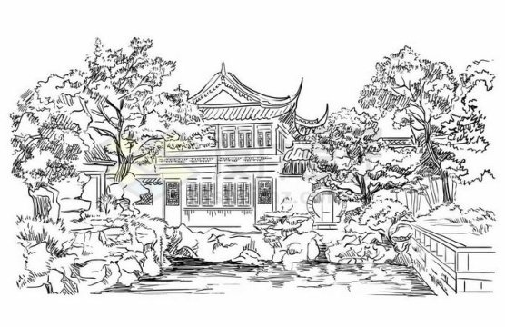 东方苏州园林中国传统建筑铅笔画涂鸦绘画5314522矢量图片免抠素材