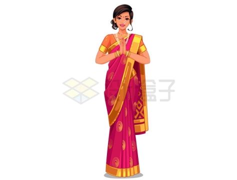 身穿纱丽印度传统服饰双手合十的卡通印度美女3934445矢量图片免抠素材