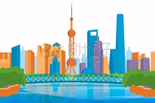 彩色卡通上海城市天际线高楼大厦建筑129844png矢量图片素材