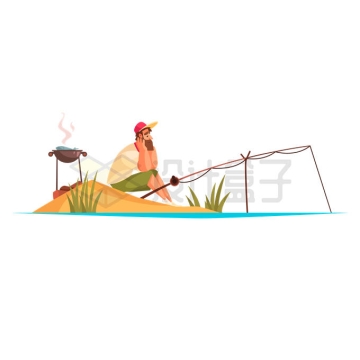 一个无聊的卡通男人坐在小岛上钓鱼6140883矢量图片免抠素材
