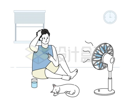炎热的夏天卡通男人正在吹电风扇7844175矢量图片免抠素材
