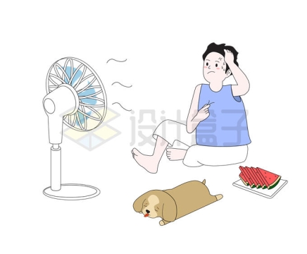 炎热的夏天卡通男人坐在地上吃西瓜吹电风扇7827155矢量图片免抠素材