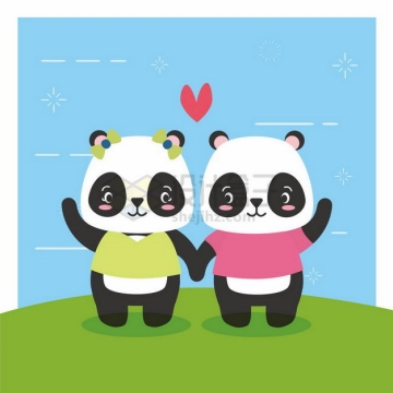 手牵手的卡通熊猫情侣情人节png图片免抠矢量素材