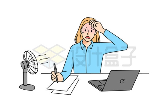 炎热夏天卡通女人一边工作一边吹电风扇5144627矢量图片免抠素材