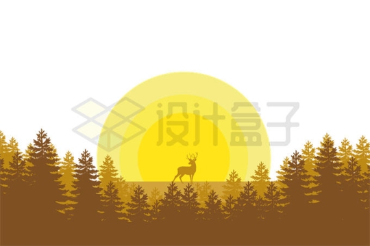 黄色太阳夕阳下的森林剪影和梅花鹿风景插画9184748矢量图片免抠素材