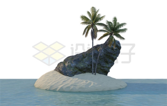 砂质珊瑚岛上的2棵椰子树和大石头小岛风景1421148PSD免抠图片素材