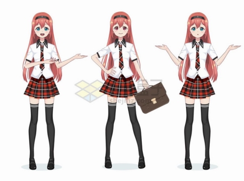 大长腿红头发格子裙学生装动漫日式漫画卡通美少女png图片免抠矢量素材