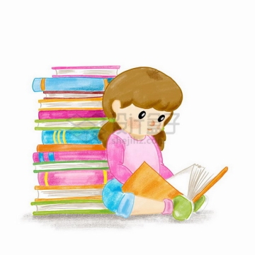 彩绘风格背靠着书堆的卡通女孩正在看书读书png图片免抠矢量素材