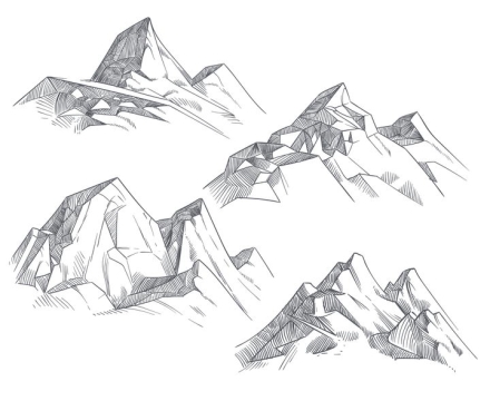 4款手绘线条素描风格大山高山山脉图片免抠矢量素材