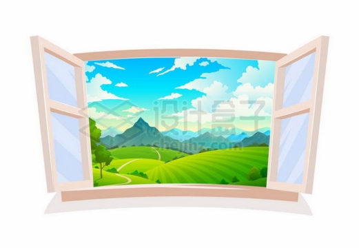 打开的卡通窗户外面美丽的大自然风光2014353矢量图片免抠素材