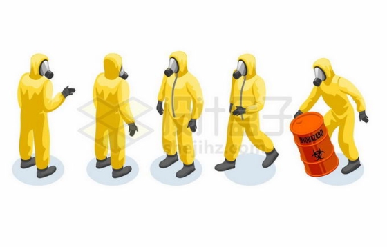 5款身穿防辐射服的工作人员正在处理含辐射污染物7925438矢量图片免抠素材