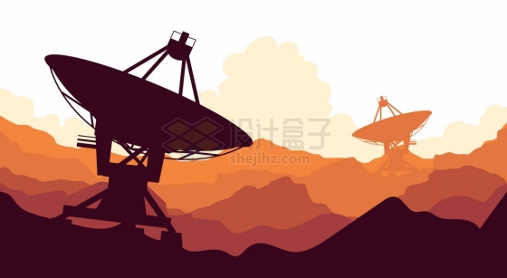 红色山峦起伏山顶上红岸基地里的射电望远镜巨大的天线手绘插画9202246矢量图片免抠素材