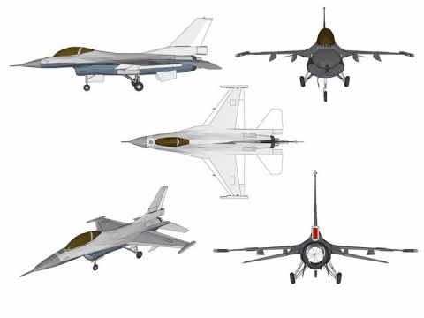5款不同角度的F16战斗机飞机png图片免抠矢量素材