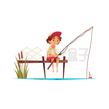 卡通小男孩坐在码头上钓鱼5392371矢量图片免抠素材