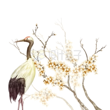 盛开的桃花和仙鹤中国风插画8528749矢量图片免抠素材