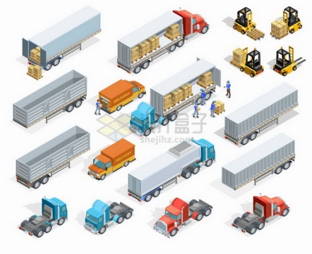 2.5D风格载重卡车牵引车头叉车卸货等快递物流运输工具png图片免抠矢量素材