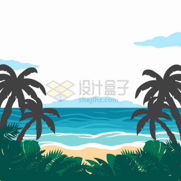 蓝色大海椰子树剪影海滩风景手绘插画png图片素材