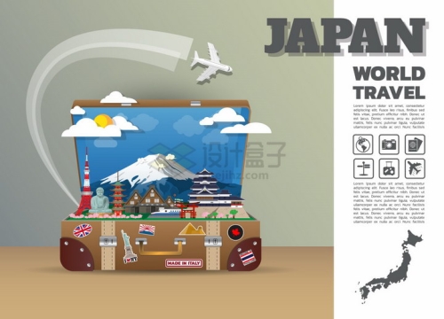 复古旅行箱中的日本旅游景点插画png图片免抠矢量素材