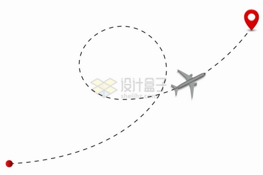 起点到终点标志之间的弯曲虚线航线上的大型客机飞机png图片免抠矢量素材