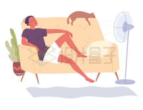炎热夏天坐在沙发上吹空调的女人2526481矢量图片免抠素材