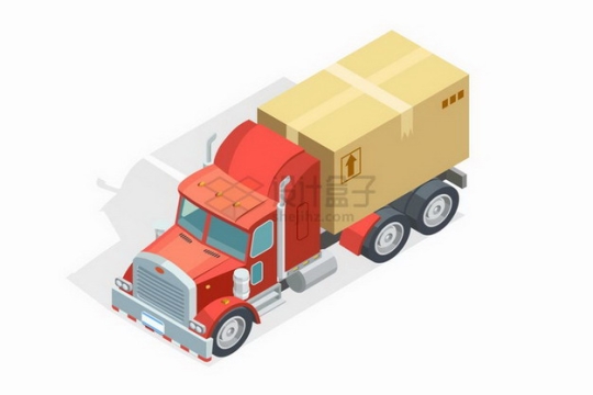 2.5D风格载重卡车运输了一个纸盒子箱子等快递物流运输工具png图片免抠矢量素材
