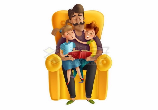 卡通爸爸抱着儿子和女儿坐在沙发上父亲节插画9498033矢量图片免抠素材