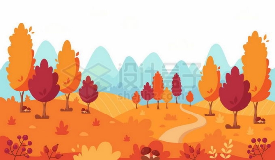 秋天远处的青山和近处变黄的大树和田野卡通风景2965119矢量图片免抠素材免费下载