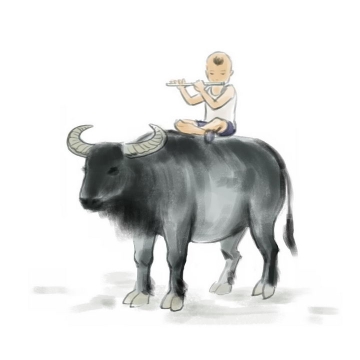 水墨画风格坐在牛背上吹笛子的放牛娃png图片免抠素材