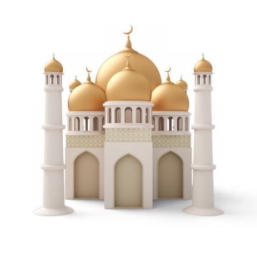 3D立体金顶的白色阿拉伯伊斯兰清真寺建筑435511png图片素材