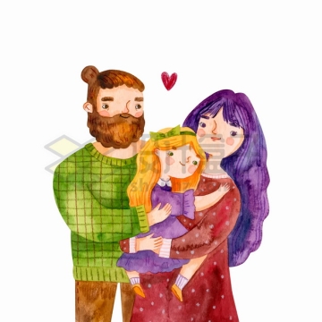 爸爸妈妈抱着女儿幸福的一家三口水彩插画png图片素材